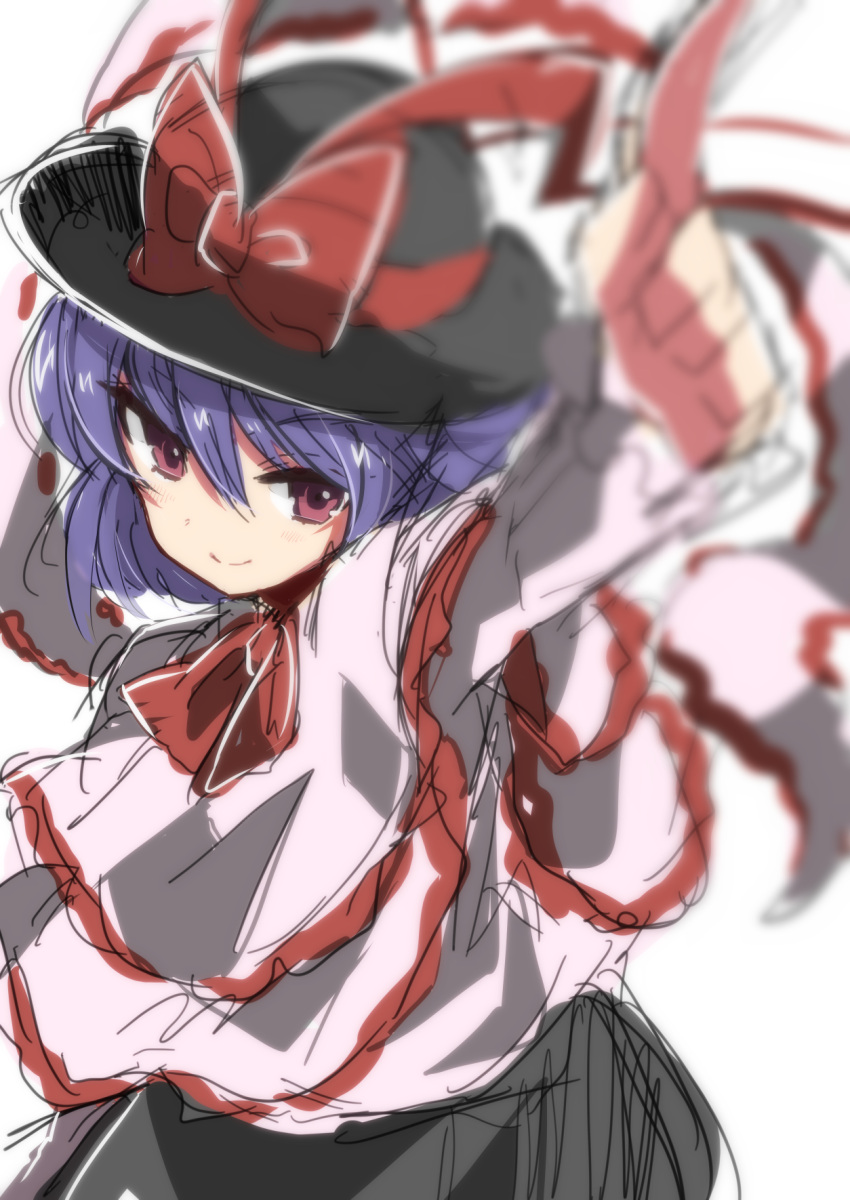 1girl alternate_eye_color arm_up black_hat black_skirt blue_hair blurry blush bow capelet cravat frills from_above hair_between_eyes hat hat_bow highres long_sleeves looking_at_viewer nagae_iku outstretched_arm pointing pointing_finger red_bow red_ribbon ribbon scarlet_weather_rhapsody shawl short_hair simple_background skirt solo takeshima_(nia) touhou violet_eyes white_background