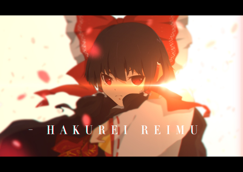 1girl backlighting between_fingers black_hair bow character_name chromatic_aberration detached_sleeves hair_bow hair_tubes hakurei_reimu hingsm lens_flare letterboxed long_hair looking_to_the_side petals red_eyes serious simple_background solo talismans touhou upper_body white_background wide_sleeves