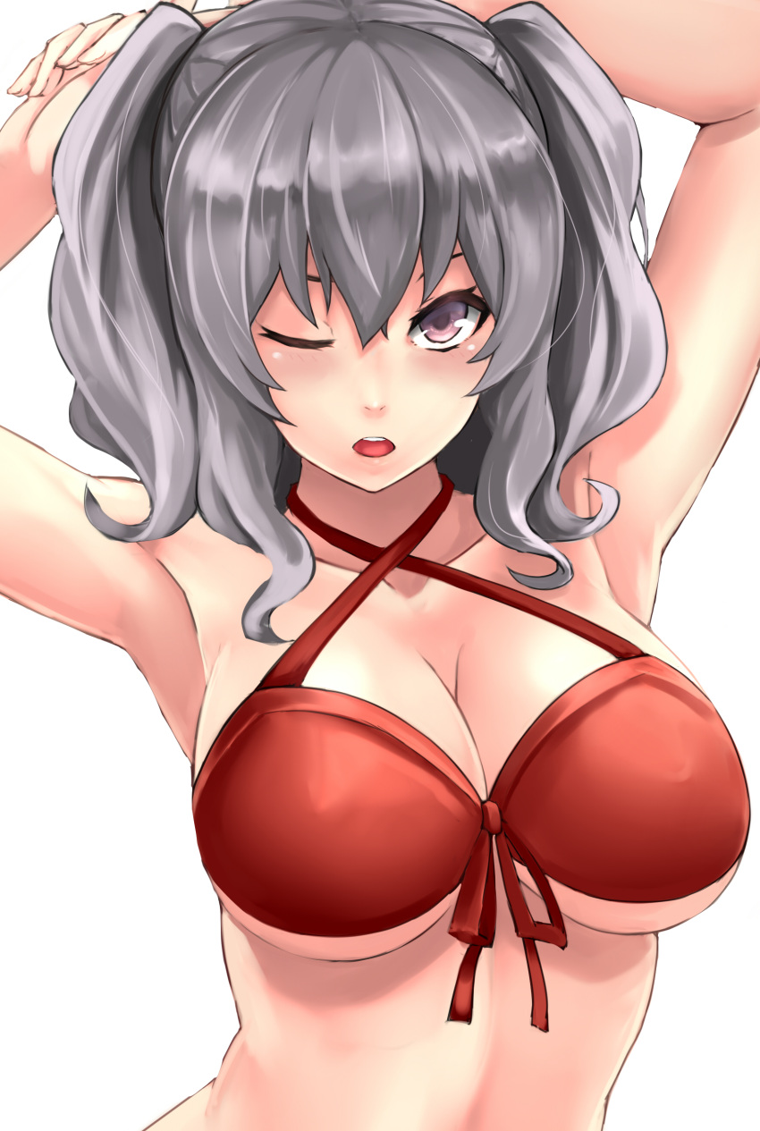 1girl absurdres armpits arms_behind_head arms_up bare_shoulders bikini breasts cleavage collarbone front-tie_top hair_between_eyes halterneck highres kantai_collection kashima_(kantai_collection) large_breasts looking_at_viewer one_eye_closed red_bikini silver_hair solo swimsuit twintails under_boob wavy_hair yashichii