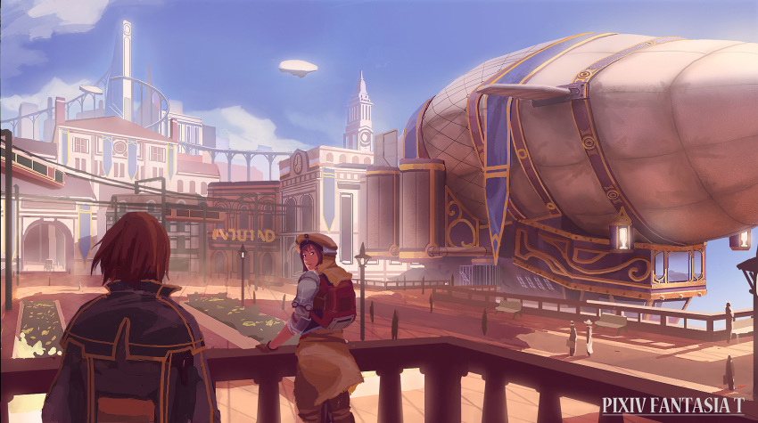 6+boys airship backpack bag bench brown_hair capelet city clouds hat highres looking_back monorail multiple_boys pixiv_fantasia rail roc_(h7e3n9r8y) short_hair sky tower