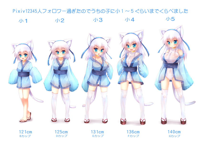 1girl :&lt; age_progression animal_ears arms_at_sides bangs bare_legs blue_eyes blush breasts bust_chart cat_ears cat_tail choker cleavage collarbone detached_sleeves eyebrows eyebrows_visible_through_hair fang furrowed_eyebrows hairband hand_on_own_chest hands_on_own_chest highres japanese_clothes kane-neko kimono large_breasts long_hair no_socks one-piece_swimsuit open_mouth oppai_loli original ribbon-trimmed_sleeves ribbon_trim sash short_hair silver_hair simple_background sleeves_past_wrists standing swimsuit swimsuit_under_clothes tail thigh-highs translation_request white_background white_hair white_legwear white_swimsuit