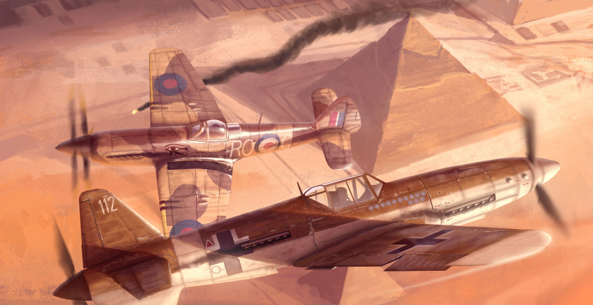 absurdres aerial_battle airplane battle canopy desert dogfight egypt fighting fire flying highres pilot propeller pyramid roc_(h7e3n9r8y) supermarine_spitfire world_war_ii