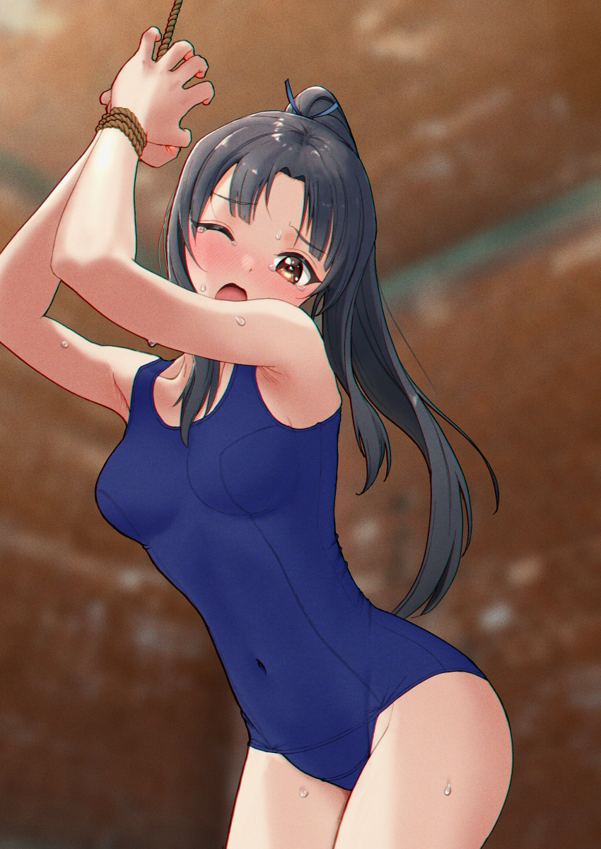 1girl absurdres armpits black_hair blue_swimsuit blurry bound bound_wrists breasts commentary_request commission covered_navel cowboy_shot depth_of_field hattori_shizuka highres kuroniko long_hair looking_at_viewer medium_breasts red_eyes school_uniform skeb_commission solo strike_witches swimsuit tied_up_(nonsexual) world_witches_series