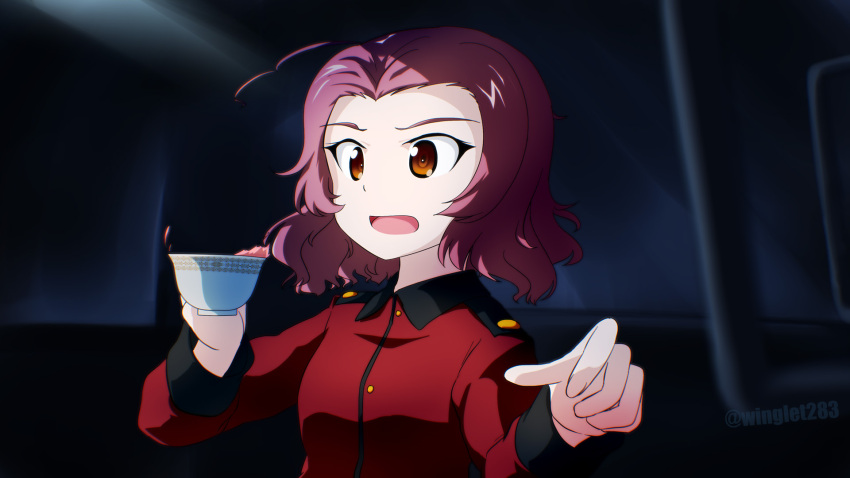 1girl brown_eyes chipika commentary cup girls_und_panzer highres holding jacket long_sleeves military military_uniform open_mouth redhead rosehip short_hair solo spilling tank_interior teacup twitter_username uniform