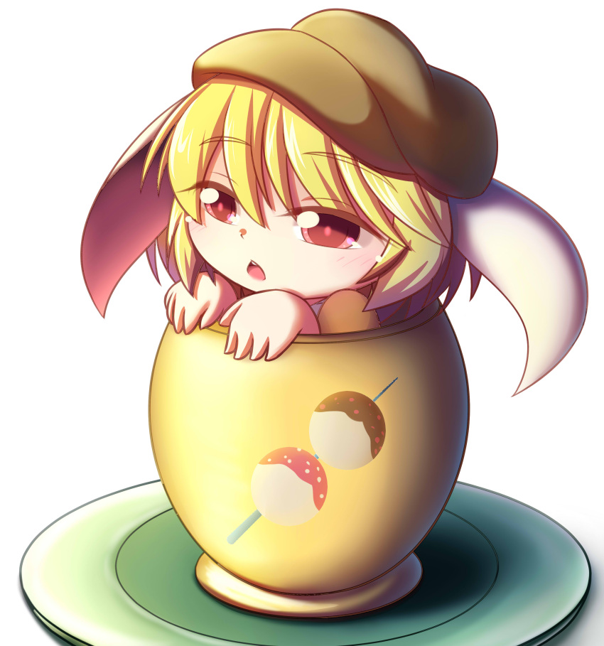1girl absurdres animal_ears beret blonde_hair chestnut_mouth cup dango dior-zi food hat highres in_container in_cup minigirl open_mouth rabbit_ears red_eyes ringo_(touhou) solo touhou wagashi