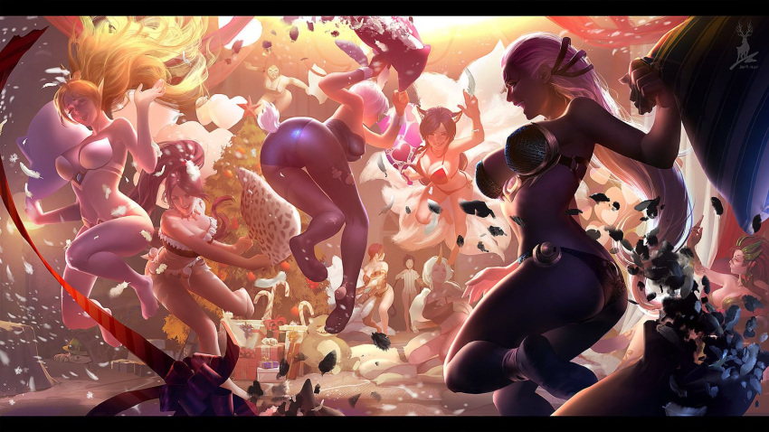 6+girls ahri animal_ears battle_bunny_riven black_hair blonde_hair breasts candy candy_cane cassiopeia_du_couteau christmas_tree cleavage diana_(league_of_legends) facial_mark fiora_laurent forehead_mark gift grin highres horn janna_windforce league_of_legends midair multiple_girls nidalee open_mouth pillow ponytail purple_skin redhead riven_(league_of_legends) santreepay sivir smile soraka stuffed_toy teemo underwear watermark white_feathers white_hair yordle zyra
