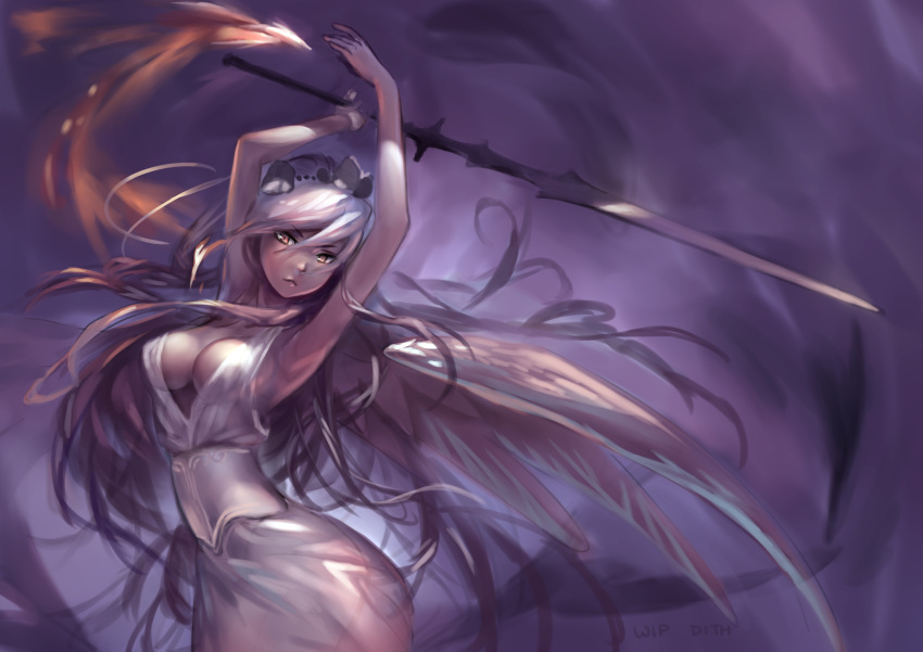 1girl :&lt; absurdres arched_back armpits arms_up breasts corset dith dress highres large_breasts long_hair magic silver_hair sword very_long_hair weapon wings yellow_eyes
