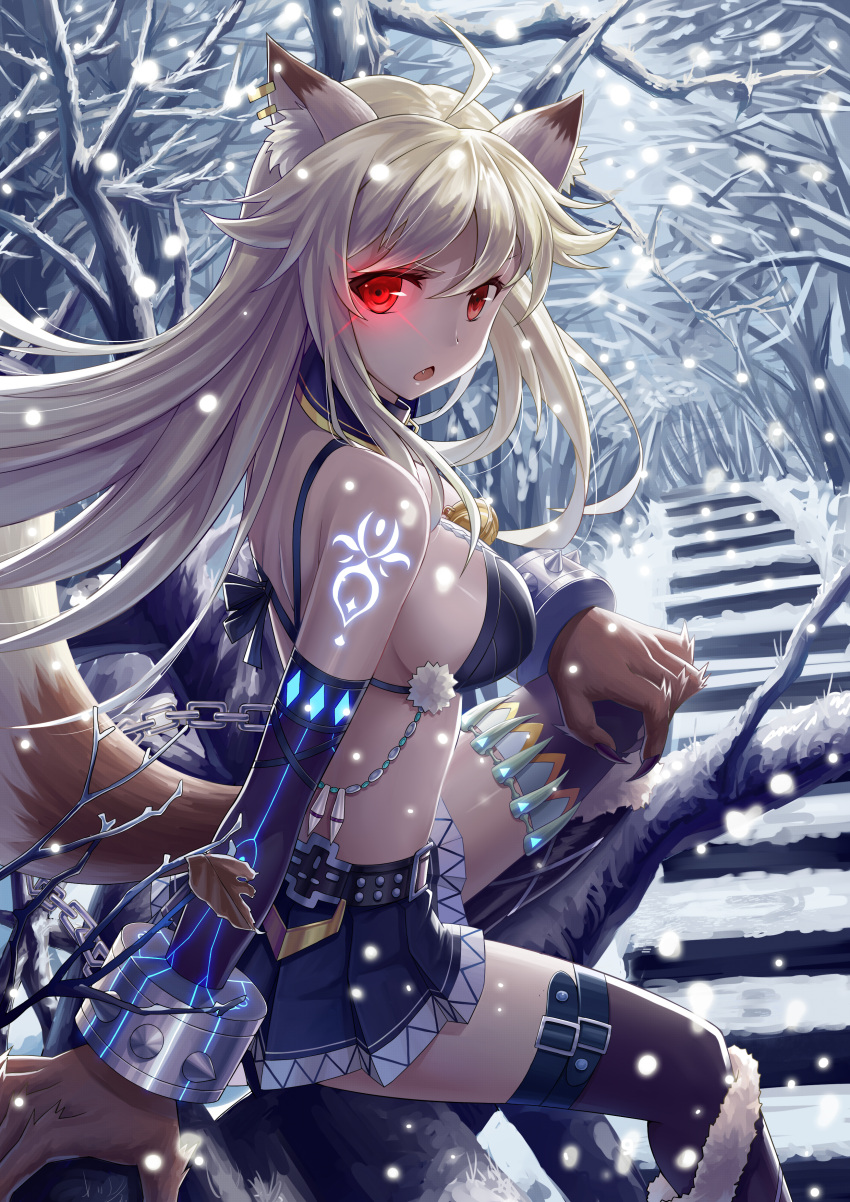 1girl absurdres ahoge animal_ears arm_support bikini_top black_nails blonde_hair bracelet claws fang garters glowing glowing_eye highres jewelry ling_si long_hair looking_at_viewer looking_back nail_polish open_mouth original red_eyes skirt snow solo spiked_bracelet spikes tail tattoo thigh-highs tree wolf_ears
