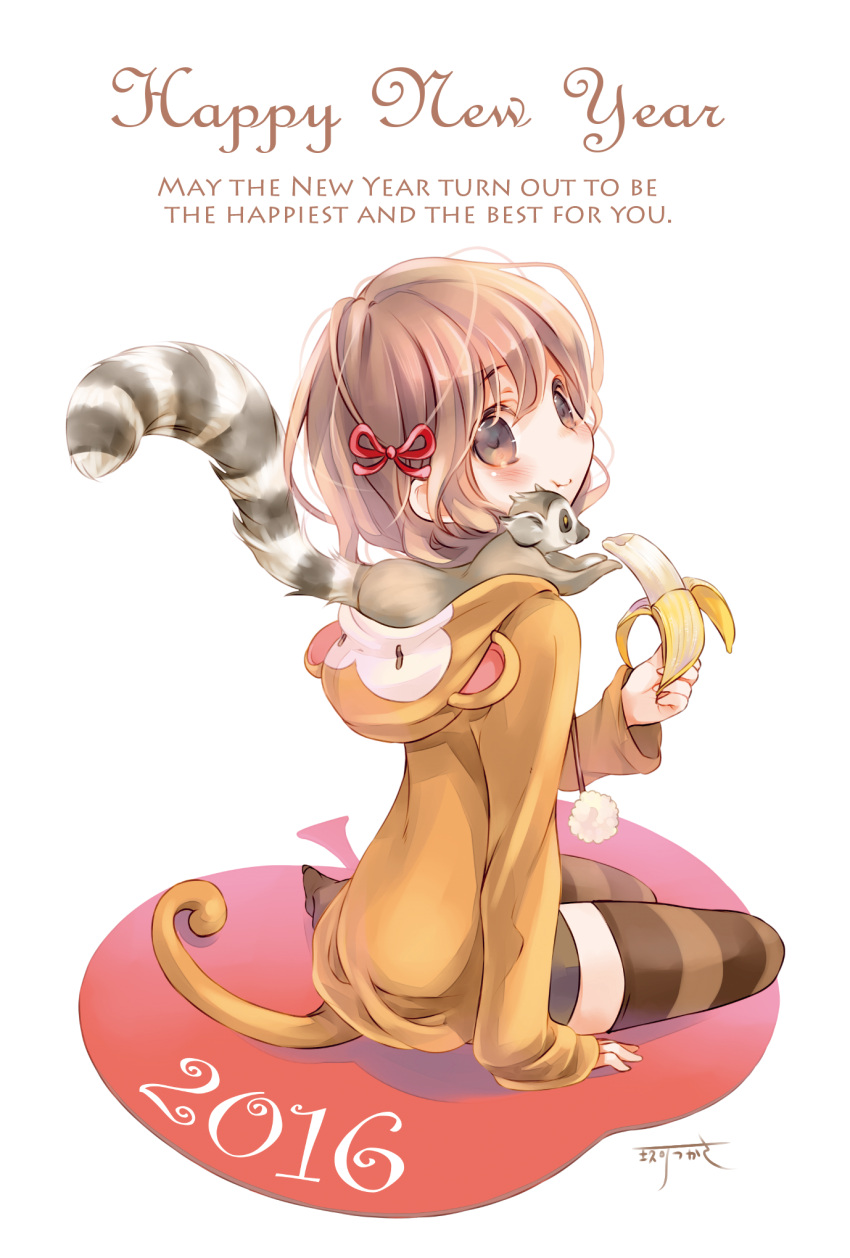 1girl 2016 animal animal_costume banana bangs blush eating food from_behind fruit hair_ribbon happy_new_year highres kuga_tsukasa long_sleeves looking_at_viewer looking_back monkey_costume new_year original pom_pom_(clothes) raccoon ribbon short_hair sitting solo striped striped_legwear text transparent_background