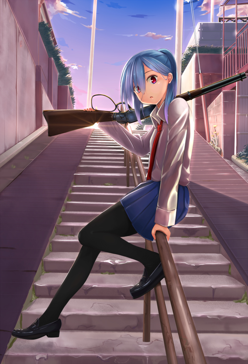 1girl bangs black_legwear black_shoes blue_hair blue_skirt brick_wall building bush carrying_over_shoulder chestnut_mouth clouds collared_shirt dress_shirt female from_side full_body gradient_hair gun hair_over_one_eye half_updo highres holding_gun holding_weapon lasel lens_flare loafers long_hair long_sleeves looking_at_viewer multicolored_hair necktie original outdoors over_shoulder pantyhose pole purple_hair railing red_eyes red_necktie rifle school_uniform shade shirt shoes skirt sky small_breasts solo stairs swept_bangs tan weapon weapon_over_shoulder white_shirt
