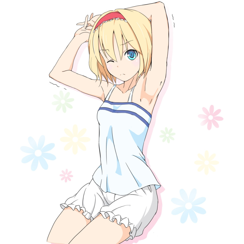 1girl ;( alice_margatroid arm_up armpits bare_arms bare_shoulders blonde_hair bloomers blue_eyes blush collarbone cowboy_shot eyebrows eyebrows_visible_through_hair floral_background frills hairband motion_lines shirt short_hair shorts simple_background sleeveless sleeveless_shirt solo stretch touhou trembling underwear white_background white_shirt white_shorts