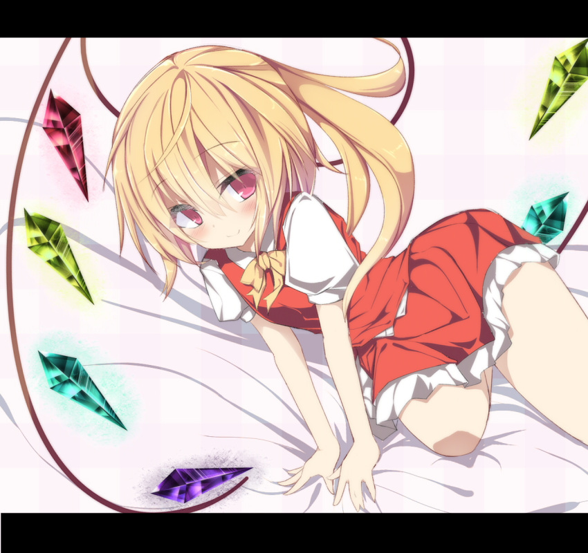 1girl asymmetrical_wings bed_sheet blonde_hair blush commentary_request crystal dress flandre_scarlet hair_between_eyes highres looking_at_viewer lying narugaruru neck_ribbon no_hat on_side puffy_short_sleeves puffy_sleeves red_dress red_eyes ribbon shirt short_sleeves side_ponytail smile touhou white_shirt wings