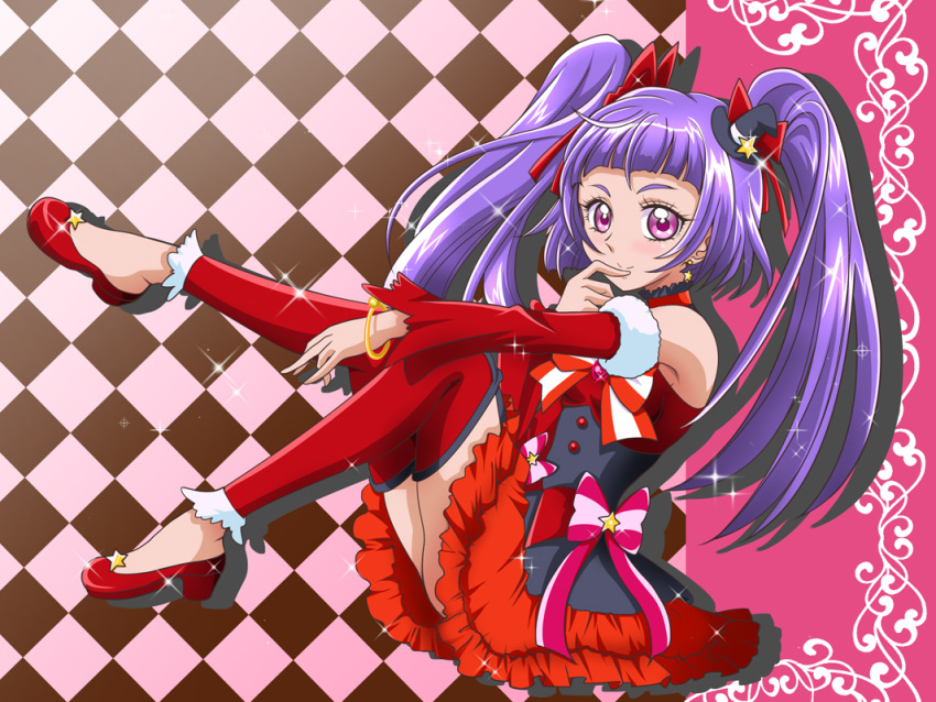 1girl argyle argyle_background arm_warmers black_hat bow choker cure_magical earrings full_body hair_bow hanzou izayoi_liko jewelry long_hair looking_at_viewer magical_girl mahou_girls_precure! mini_witch_hat pink_background precure purple_hair red_bow red_legwear red_shoes red_skirt ruby_style shoes sitting skirt smile solo star star_earrings striped striped_bow thigh-highs twintails violet_eyes