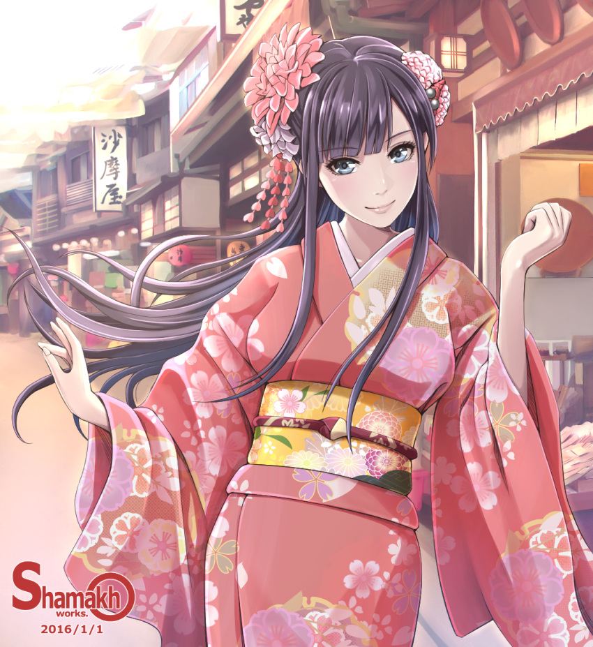 1girl black_hair blue_eyes dated flower hair_flower hair_ornament japanese_clothes kimono long_hair nengajou new_year original shamakho smile solo