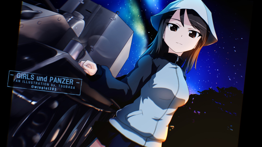 1girl brown_eyes brown_hair bt-42 chipika commentary copyright_name cowboy_shot dutch_angle girls_und_panzer hat highres jersey long_hair long_sleeves looking_at_viewer mika_(girls_und_panzer) military military_vehicle night night_sky sky solo standing tank vehicle