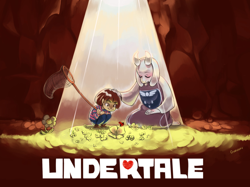 1girl androgynous artist_name brown_hair butterfly_net cave copyright_name flower flowey_(undertale) frisk_(undertale) guzusuru hand_net hand_on_another's_head kneeling ladybug long_sleeves official_art open_eyes spotlight toriel undertale