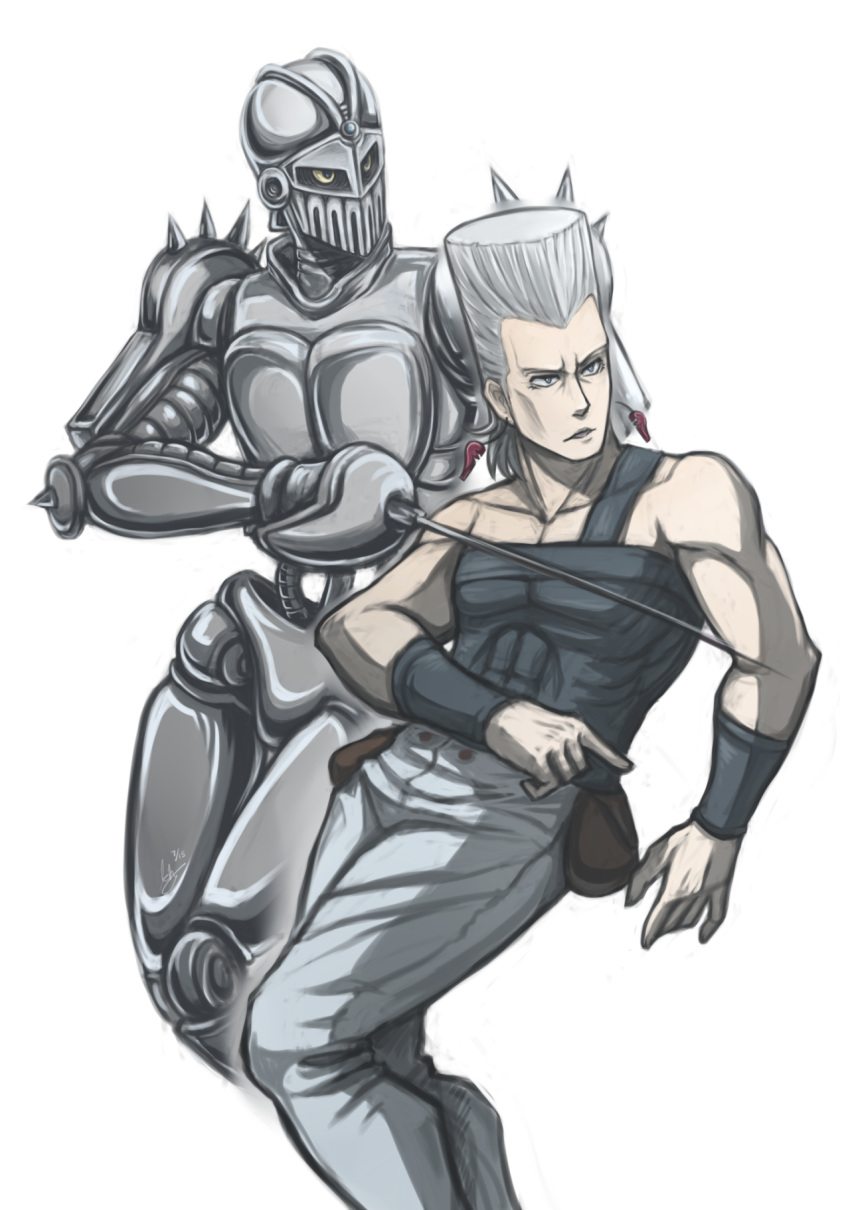 1boy abs blue_eyes dated earrings emeraudolupus highres jean_pierre_polnareff jewelry jojo_no_kimyou_na_bouken male_focus muscle pointing pouch rapier signature silver_chariot silver_hair stand_(jojo) sword weapon wristband