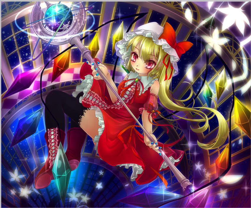 1girl adapted_costume black_legwear blonde_hair blue_nails boots brooch cross-laced_footwear detached_sleeves fingernails flandre_scarlet flower flying hat hat_ribbon jewelry kakiikada light_smile lips looking_at_viewer mob_cap nail_polish reclining red_eyes ribbon sharp_fingernails short_hair side_ponytail solo sparkle staff thigh-highs touhou window wings
