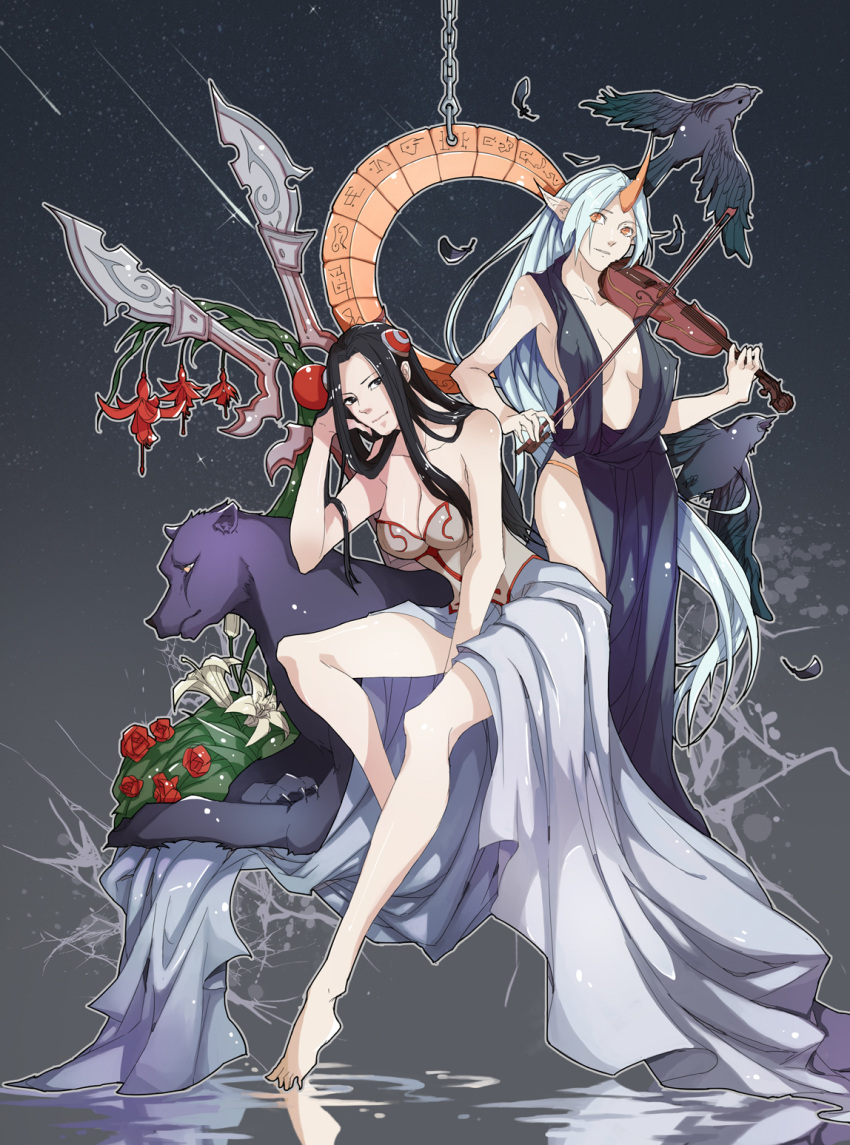 2girls alternate_costume bare_shoulders bird black_feathers black_hair breasts chain cleavage feathers flower hair_ornament highres horn instrument irelia league_of_legends long_hair multiple_girls onion_cat pointy_ears reflection sitting soraka standing violin weapon white_hair yellow_eyes