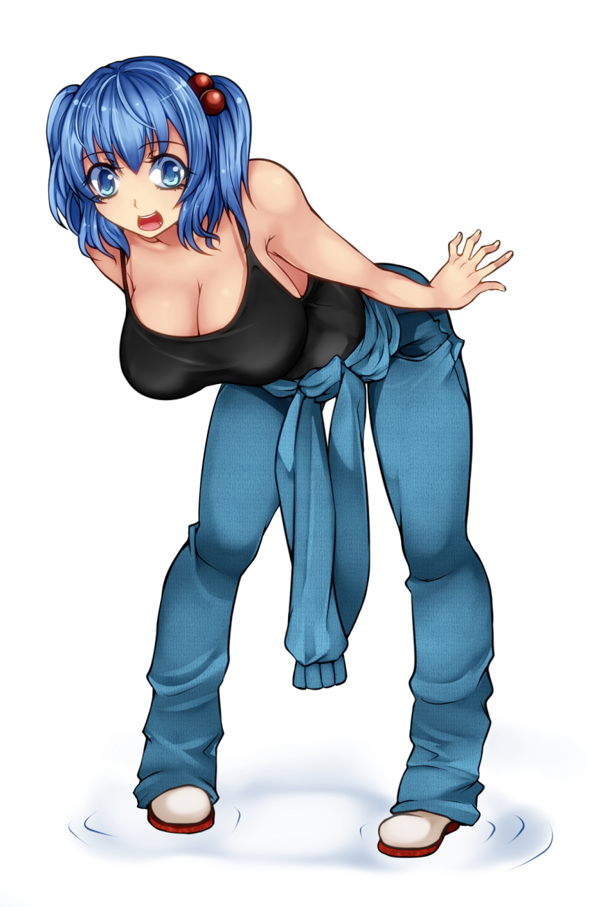 1girl aoshima bare_arms bare_shoulders bent_over blue_eyes blue_hair breasts cleavage clothes_around_waist hair_bobbles hair_ornament highres kawashiro_nitori large_breasts looking_at_viewer no_bra open_mouth pants shirt_around_waist smile solo touhou twintails undershirt