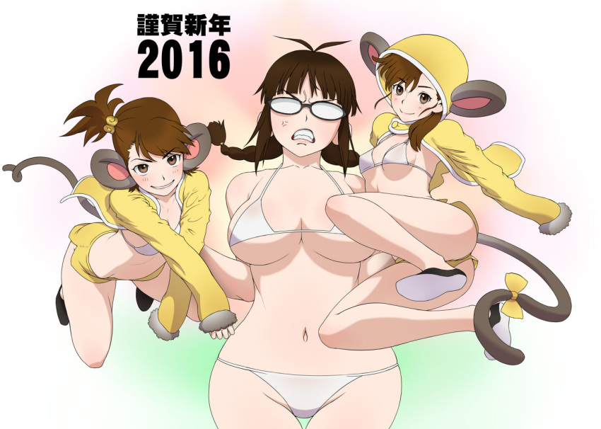 2016 3girls akizuki_ritsuko anger_vein antenna_hair bangs bikini black-framed_glasses black_shoes bow braid breasts brown_eyes brown_hair cleavage clenched_teeth closed_mouth collarbone flats fur_trim futami_ami futami_mami gradient gradient_background hair_ornament hair_tie hood hooded_jacket idolmaster idolmaster_2 jacket jumping kemonomimi_mode large_breasts looking_at_viewer miniskirt monkey_ears monkey_tail multiple_girls navel nengajou new_year opaque_glasses pink_lips shoes siblings side_ponytail side_slit sisters skirt sleeves_past_wrists small_breasts smile stomach striped striped_bikini striped_swimsuit swimsuit tail tail_bow thigh_gap twin_braids twins twintails wata_do_chinkuru white_bikini white_swimsuit yellow_bow yellow_jacket yellow_skirt