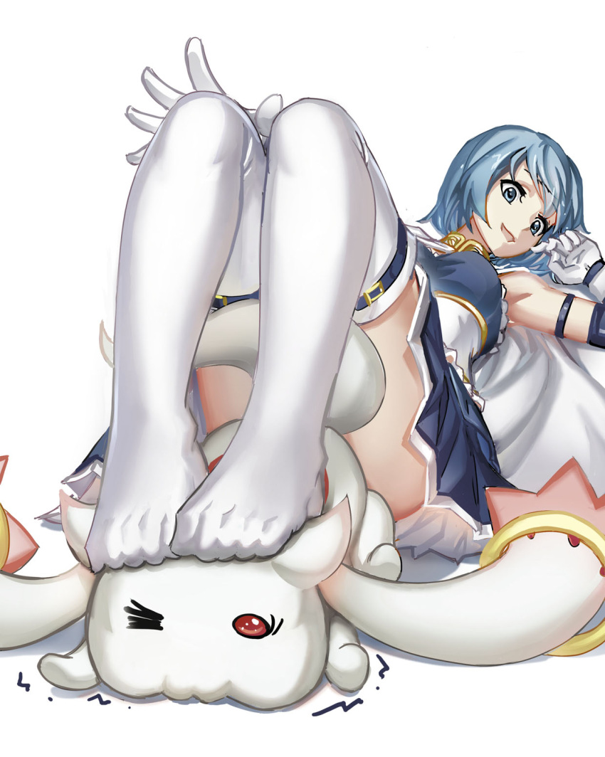 1girl :3 bangs blue_hair blue_skirt cape foot_on_head from_below full_body gloves highres kyubey looking_at_another looking_down lying magical_girl mahou_shoujo_madoka_magica miki_sayaka motion_lines no_shoes on_back one_eye_closed short_hair simple_background skirt squeezing streamingsun thigh-highs thigh_strap trembling upskirt white_background white_cape white_gloves white_legwear