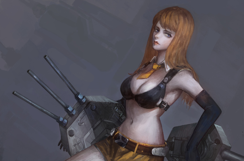 1girl belt breasts cleavage detached_collar elbow_gloves gloves grey_background large_breasts long_hair navel necktie shevan short_shorts shorts sketch solo tennessee_(zhan_jian_shao_nyu) turret zhan_jian_shao_nyu