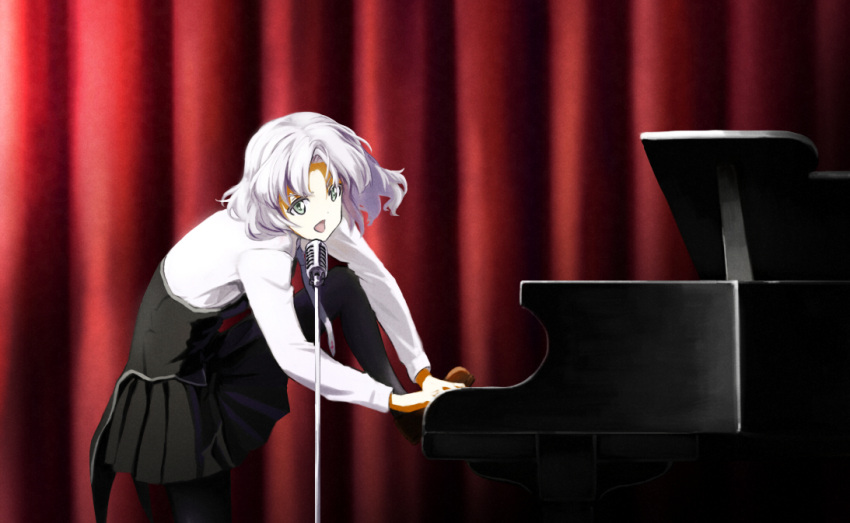 1girl black_legwear grey_eyes long_sleeves microphone microphone_stand open_mouth pantyhose playing_instrument playing_piano sanya_v_litvyak shiratama_(hockey) shirt silver_hair skirt smile solo strike_witches vest