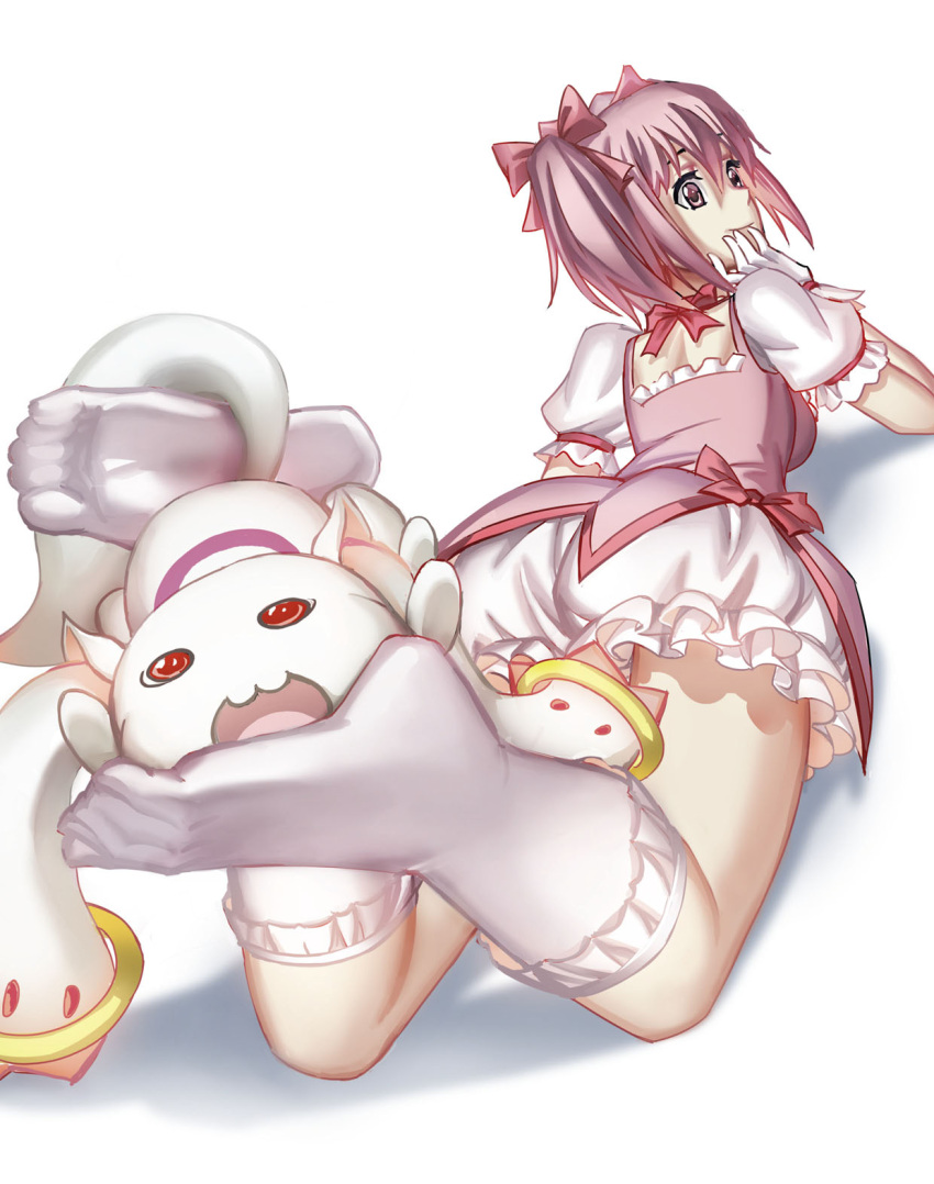 1girl :3 back bangs bow bubble_skirt choker frills from_below full_body hair_bow head_rest highres jewelry kaname_madoka kneehighs kyubey lying magical_girl mahou_shoujo_madoka_magica no_shoes on_stomach pink_bow pink_eyes pink_hair pink_ribbon puffy_short_sleeves puffy_sleeves ribbon ring short_sleeves simple_background skirt smile streamingsun twintails white_background white_legwear