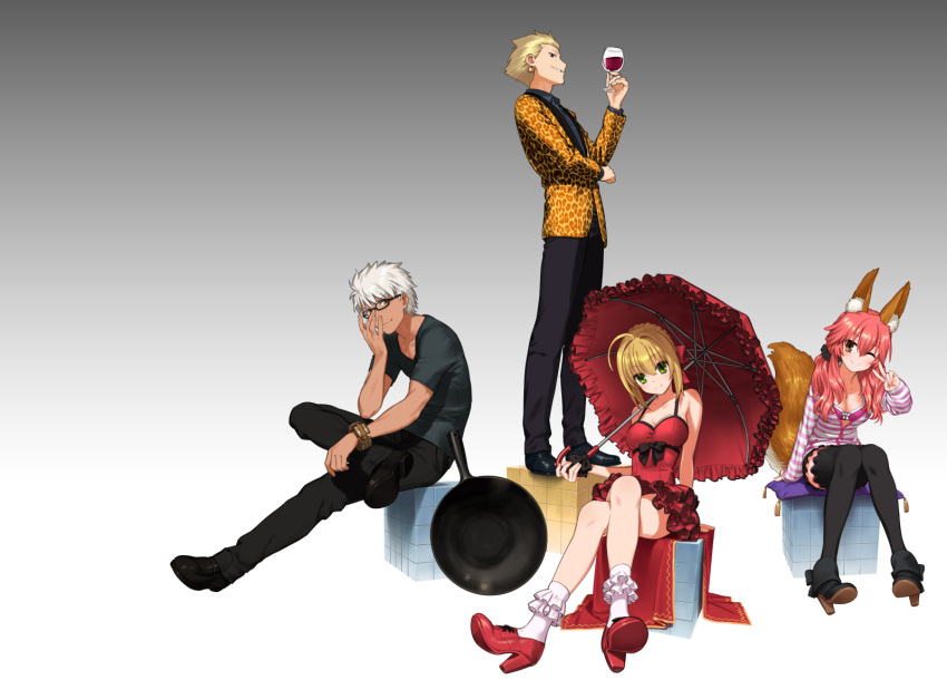 2boys 2girls ;) ahoge alcohol animal_ears archer bare_shoulders black_legwear blonde_hair breasts caster_(fate/extra) cleavage crossed_legs cup dress drinking_glass fate/extra fate_(series) fox_ears fox_tail frilled_dress frills frying_pan gilgamesh gradient gradient_background green_eyes high_heels highres ikesin leopard_print looking_at_viewer multiple_boys multiple_girls one_eye_closed pink_hair red_dress red_eyes saber_extra silver_hair sitting smile standing striped tail thigh-highs v wine wine_glass yellow_eyes zettai_ryouiki