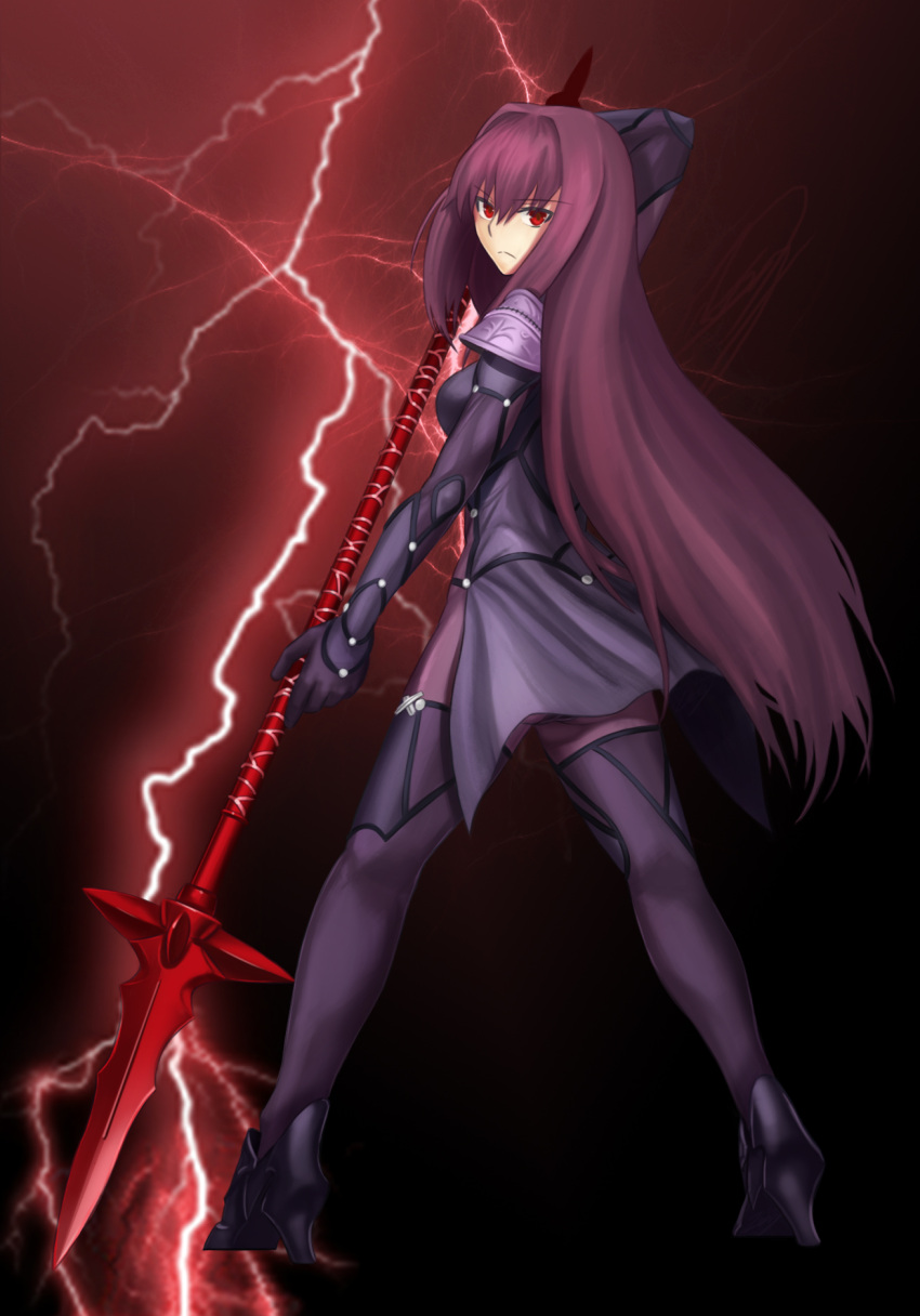1girl fate/grand_order fate_(series) highres holding_weapon long_hair looking_at_viewer nero_(houtarou423) polearm purple_hair red_eyes scathach_(fate/grand_order) solo spear thunder weapon