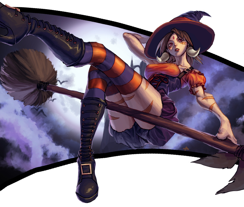 1girl bewitching_nidalee boots broom broom_riding brown_hair earrings facial_mark halloween halloween_costume hat highres jewelry league_of_legends nidalee penett pink_eyes sidesaddle tattoo witch_hat