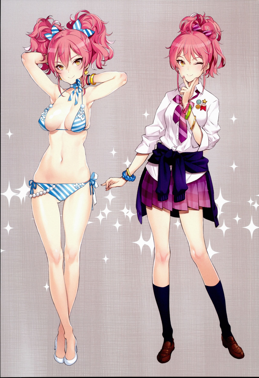 1girl absurdres armpits arms_behind_head arms_up bikini black_legwear blush bow breasts cleavage clothes_around_waist earrings eyelashes hair_bow highres idolmaster idolmaster_cinderella_girls jewelry jougasaki_mika kneehighs loafers long_hair looking_at_viewer navel neck_ribbon necktie one_eye_closed ooyari_ashito pink_hair pins pleated_skirt ribbon ring scan school_uniform shoes side-tie_bikini skirt smile solo striped striped_bikini striped_necktie striped_swimsuit sweater_around_waist swimsuit twintails v yellow_eyes