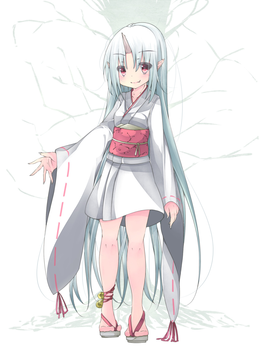 1girl anklet bell blue_hair demon_girl fang highres horn japanese_clothes jewelry jingle_bell kimono long_hair original pointy_ears red_eyes sandals sharp_nails short_kimono smile solo tangusuten toes very_long_hair