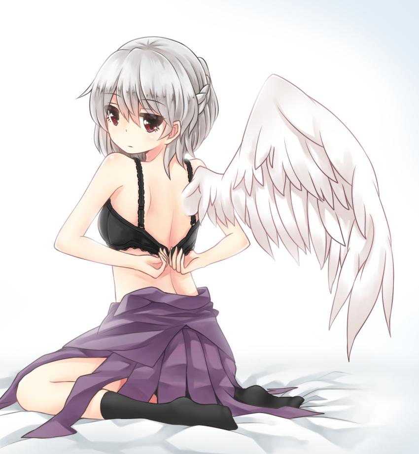 1girl albino back bangs black_bra black_legwear bra braid closed_mouth dress feathered_wings fuente gradient gradient_background gradient_hair grey_hair hair_between_eyes highres kishin_sagume lace-trimmed_bra looking_back multicolored_hair no_shirt no_shoes on_bed open_clothes purple_dress red_eyes short_hair side_slit silver_hair single_wing sitting socks solo touhou underwear undressing wariza white_wings wings