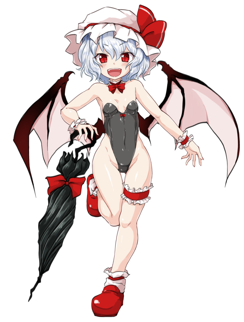 1girl bangs bat_wings blue_hair blush bow bowtie bunnysuit covered_navel fangs full_body hat hat_bow highleg highres huyusilver leg_garter leg_up looking_at_viewer mob_cap open_mouth parasol red_eyes red_shoes remilia_scarlet shoes short_hair simple_background slit_pupils solo standing_on_one_leg touhou umbrella white_background wings wrist_cuffs