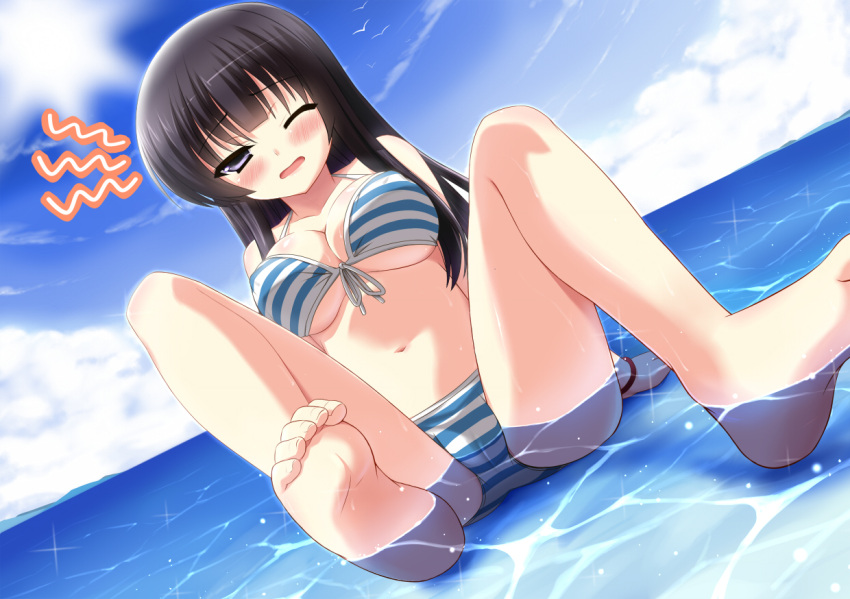 1girl akiyama_mio barefoot bikini black_eyes black_hair dutch_angle k-on! long_hair sitting striped striped_bikini striped_swimsuit subaru_(794829485) swimsuit water