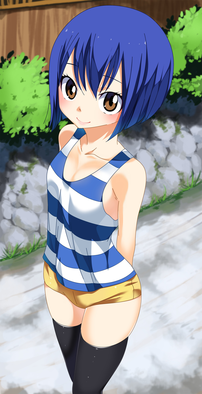 1girl absurdres arms_behind_back black_legwear blue_hair brown_eyes fairy_tail highres looking_at_viewer outdoors planeptune short_hair short_shorts shorts smile solo thigh-highs wendy_marvell yellow_shorts
