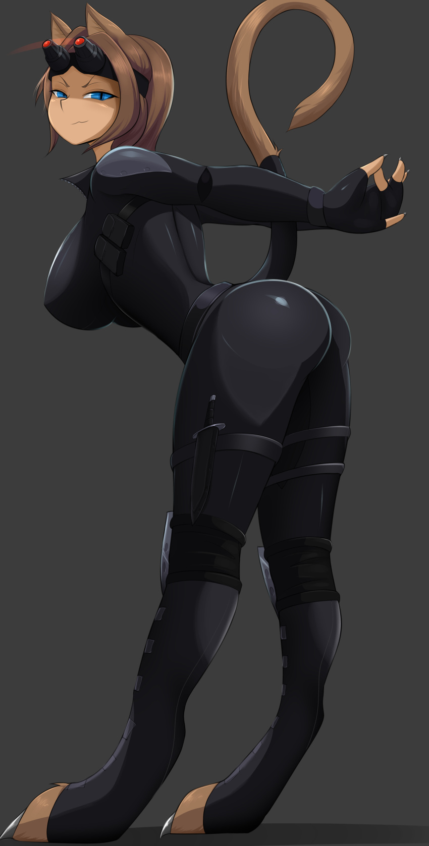 1girl 2radpersec absurdres animal_ears arms_behind_back ass bastet_(smite) blue_eyes bodysuit breasts brown_hair cat_ears cat_girl cat_tail fingerless_gloves from_side full_body gloves goggles goggles_on_head highres knee_pads knife large_breasts looking_at_viewer looking_back monster_girl night_vision_device pouches skin_tight smite solo standing stretch tail