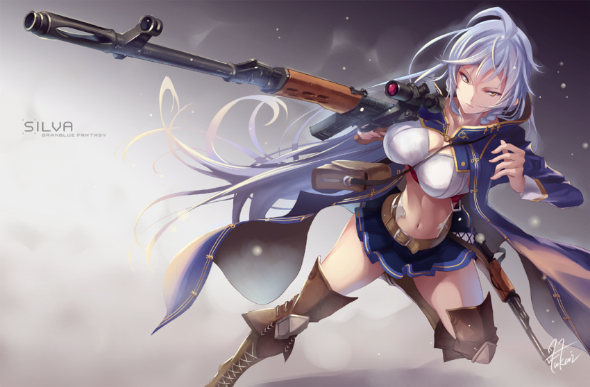 1girl ahoge assault_rifle braid breasts brown_footwear cape character_name commentary_request crop_top fukai_ryousuke full_body granblue_fantasy gun hair_between_eyes large_breasts long_hair long_sleeves looking_at_viewer midriff miniskirt navel perspective pleated_skirt rifle serious silva_(granblue_fantasy) silver_hair skirt solo twin_braids very_long_hair weapon yellow_eyes
