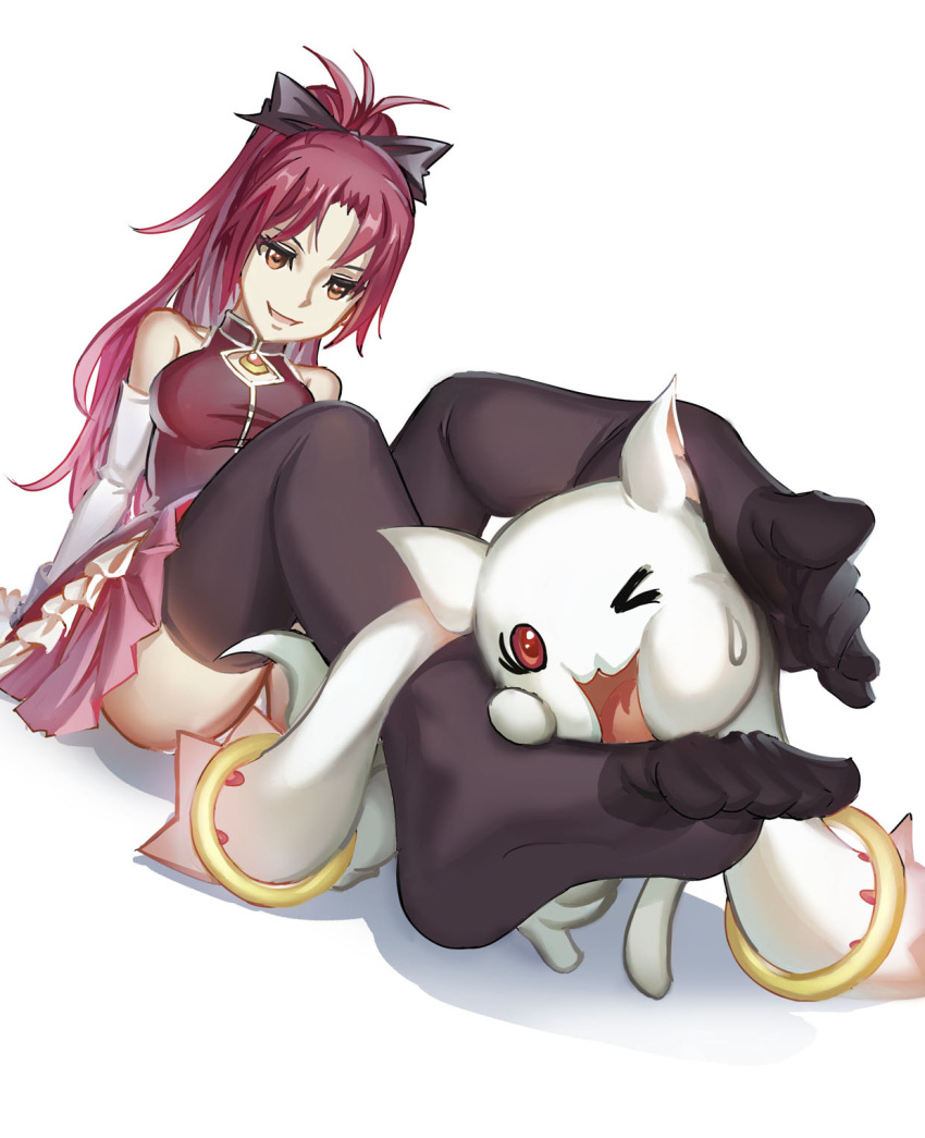 1girl :3 :d argyle_cutout arm_support black_bow black_legwear bow detached_sleeves feet from_below full_body hair_bow highres jewelry kyubey long_hair looking_at_another magical_girl mahou_shoujo_madoka_magica no_shoes one_eye_closed open_mouth panties pantyshot pantyshot_(sitting) pink_skirt ponytail red_eyes redhead ring sakura_kyouko simple_background sitting skirt smile soles soul_gem squeezing streamingsun sweatdrop thigh-highs toes underwear upskirt very_long_hair white_background white_panties