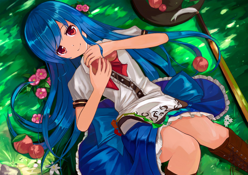 1girl blue_hair boots flower grass hat hat_removed headwear_removed hinanawi_tenshi knee_boots long_hair looking_at_viewer lying muireko on_back red_eyes smile solo touhou