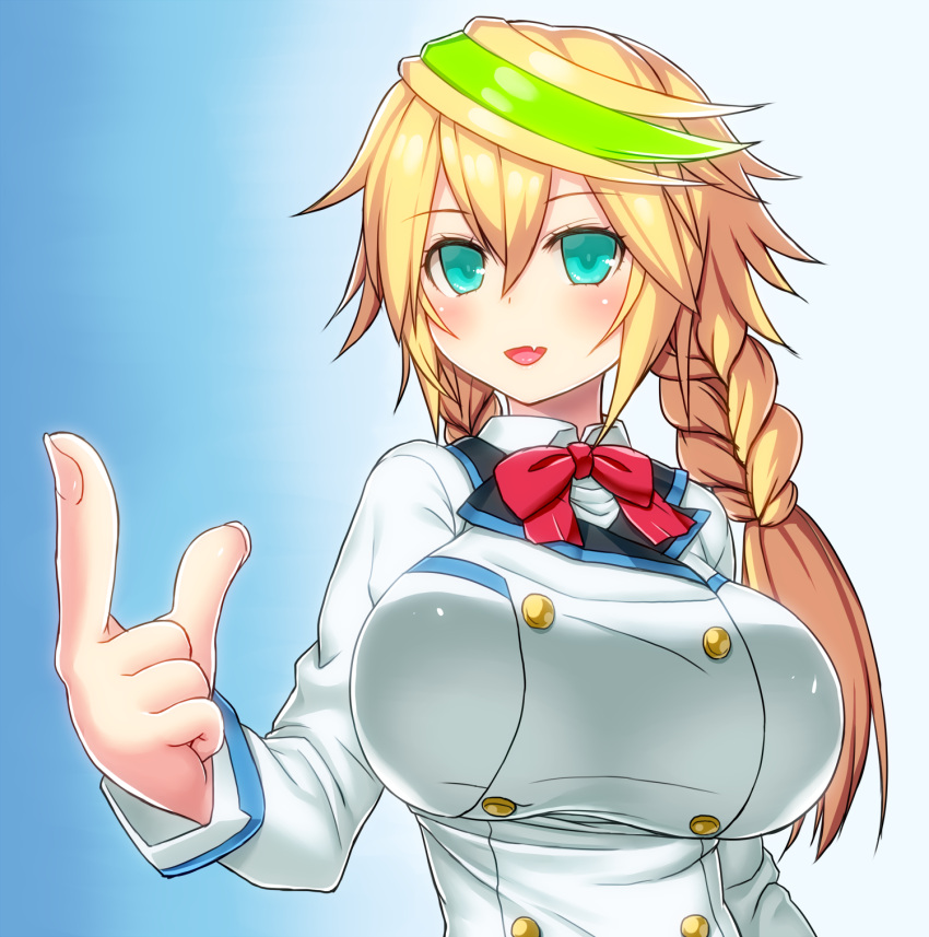 1girl aqua_eyes asamura_hiori blonde_hair blush braid breasts charlotte_dunois charlotte_dunois_(cosplay) cosplay fang gen&eacute;_(pso2) green_hair hair_between_eyes highres huge_breasts infinite_stratos long_hair looking_at_viewer multicolored_hair open_mouth phantasy_star phantasy_star_online_2 pointing smile solo twin_braids twintails