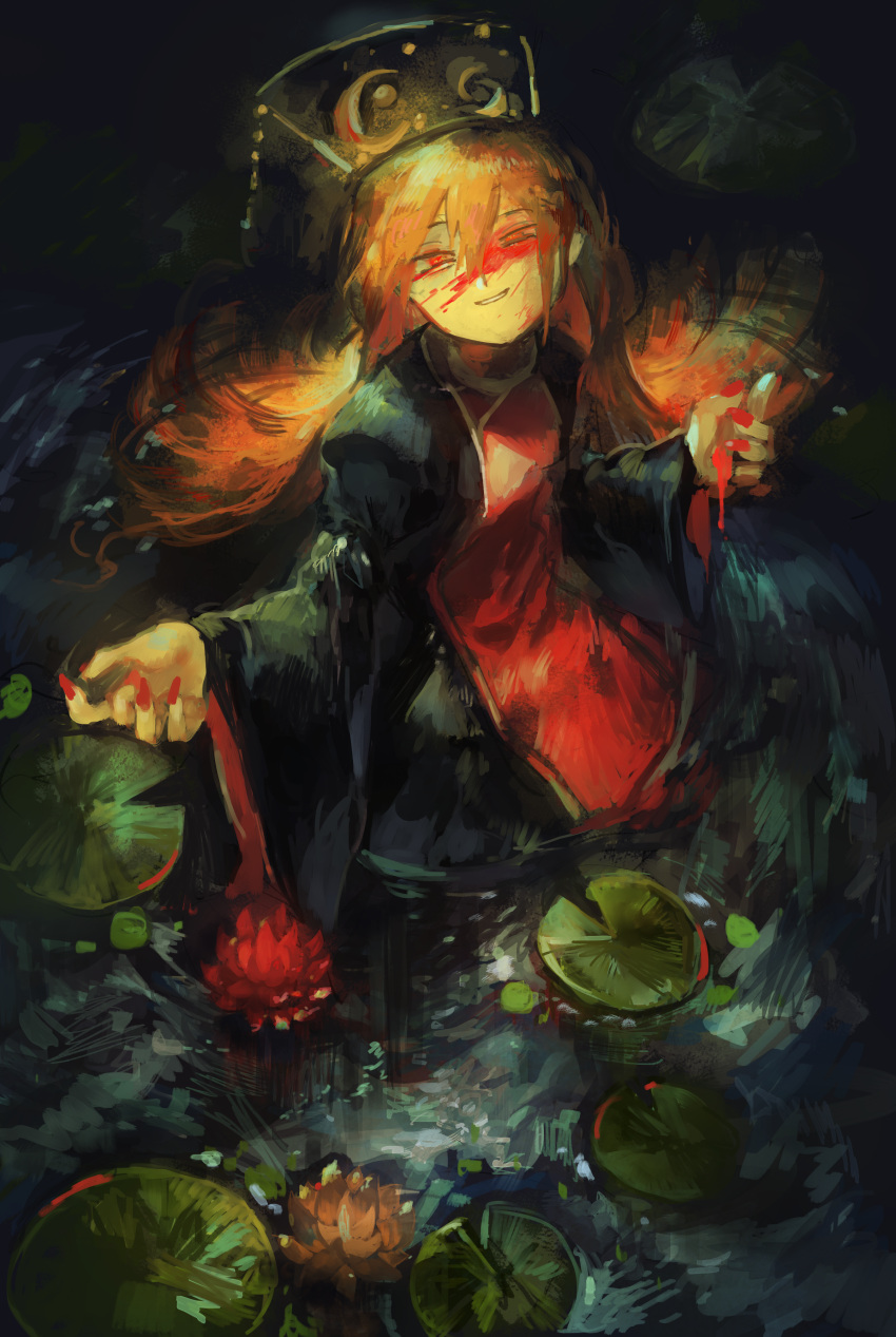1girl absurdres black_dress blood blood_on_face bloody_hands chinese_clothes dark dress evil_grin evil_smile grin hat highres junko_(touhou) lily_pad long_sleeves looking_at_viewer nail_polish nazoko orange_hair partially_submerged red_eyes red_nails smile solo tabard touhou water wide_sleeves