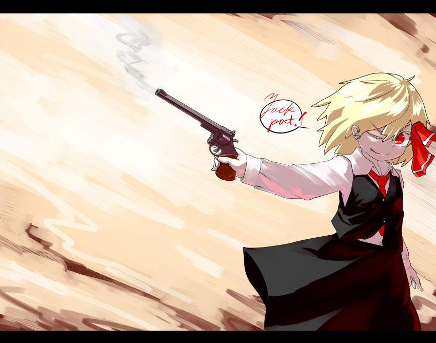 1girl arm_at_side black_skirt black_vest blonde_hair bow collared_shirt colored_eyelashes english fang_out gun hair_bow handgun highres letterboxed long_sleeves looking_to_the_side necktie one_eye_closed red_eyes red_necktie revolver rumia shiny shiny_hair shirt short_hair skirt smoke smoking_gun solo touhou weapon white_shirt wind zakozako_y