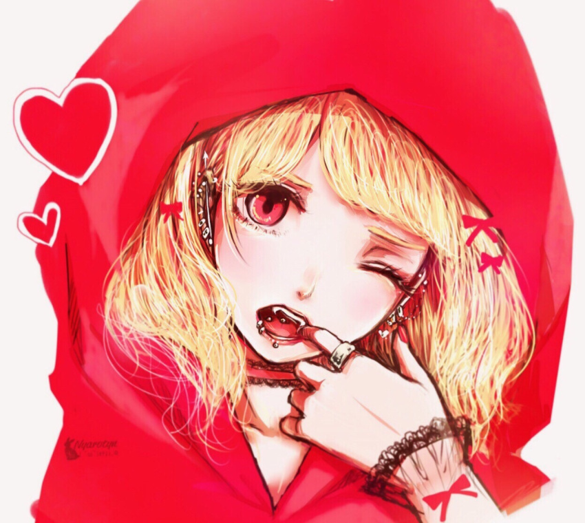 1girl blonde_hair bow ear_piercing eyelashes finger_in_mouth grimm's_fairy_tales heart hood jewelry little_red_riding_hood little_red_riding_hood_(grimm) nail_polish nyarotyn open_mouth piercing pink_eyes portrait ring solo tongue_piercing watermark