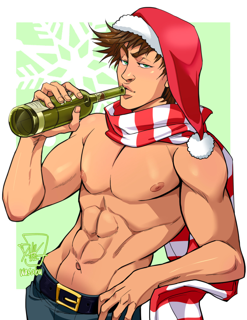 1boy abs artist_name brown_hair green_eyes hat highres jojo_no_kimyou_na_bouken joseph_joestar_(young) male_focus muscle santa_hat scarf shirtless signature snowflakes solo striped striped_scarf upper_body wasabu wine_bottle