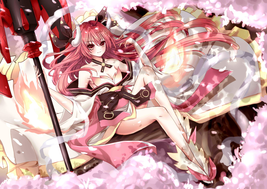 1girl absurdres asan breasts brown_eyes cleavage date_a_live dress fire highres holding_weapon horns itsuka_kotori long_hair looking_at_viewer redhead sitting solo