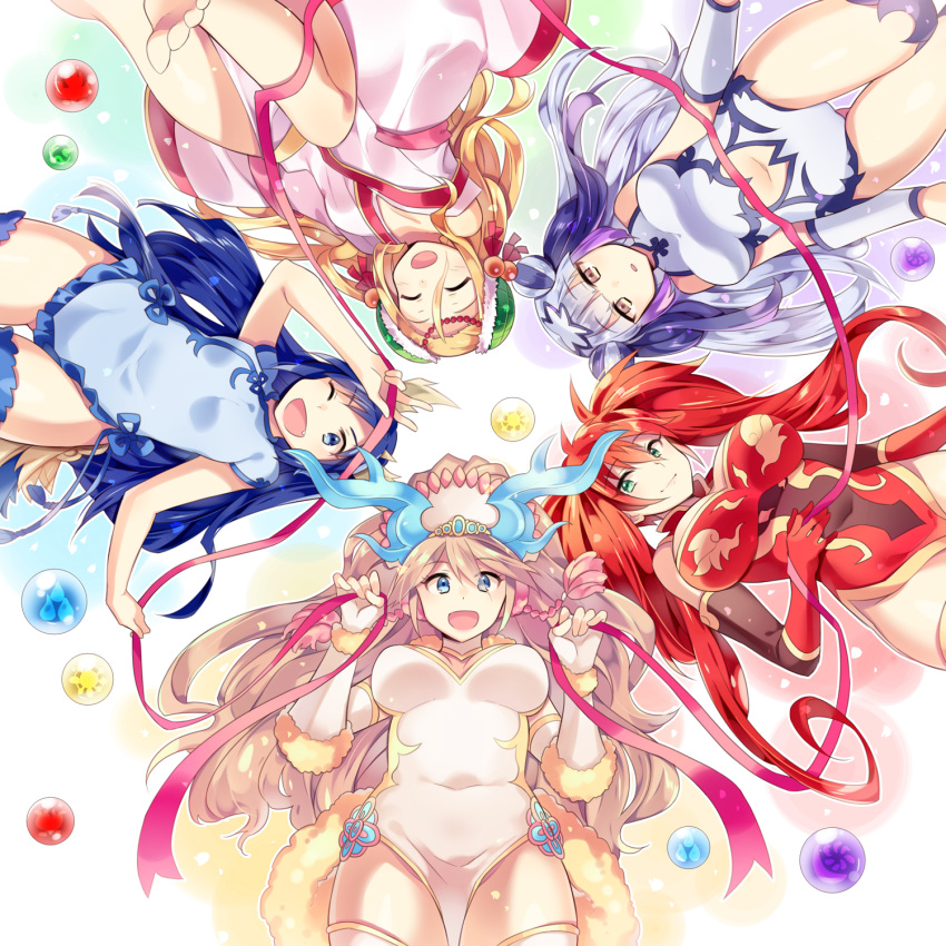 5girls barefoot blonde_hair blue_eyes breasts china_dress chinese_clothes circlet covered_navel double_bun dragon_girl elbow_gloves fang fingerless_gloves from_below gloves green_eyes hair_ornament haku_(p&amp;d) highres horns kaki_s karin_(p&amp;d) leilan_(p&amp;d) long_hair meimei_(p&amp;d) multicolored_hair multiple_girls navel one_eye_closed open_mouth orb purple_hair puzzle_&amp;_dragons ribbon sakuya_(p&amp;d) silver_hair thigh-highs turtle_shell twintails two-tone_hair very_long_hair