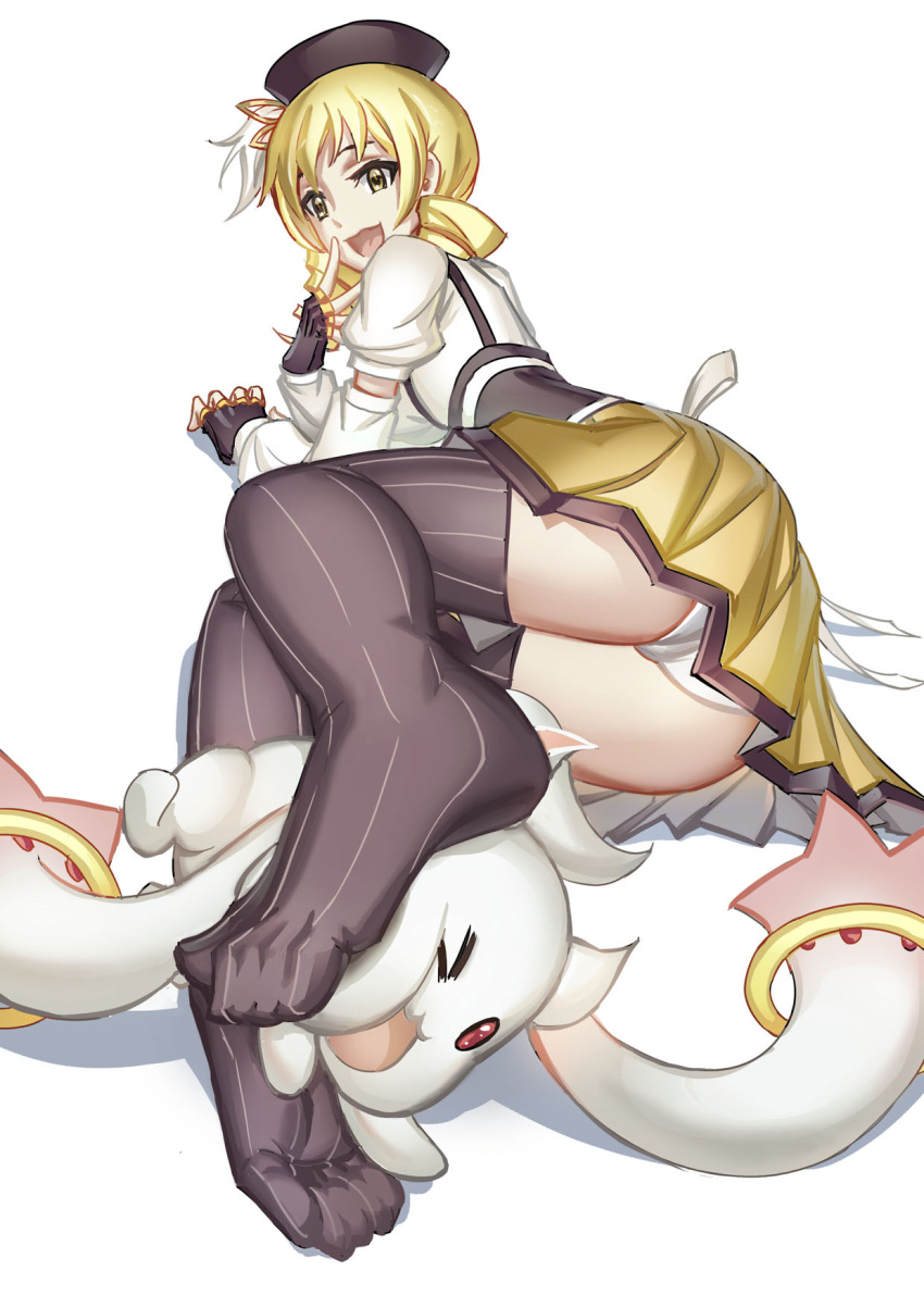 1girl :3 :d ass bangs blonde_hair detached_sleeves drill_hair fingerless_gloves full_body fur gloves hand_to_own_mouth hat highres jewelry kyubey long_hair looking_at_another lying magical_girl mahou_shoujo_madoka_magica no_shoes on_side one_eye_closed open_mouth panties pantyshot pantyshot_(lying) pleated_skirt puffy_short_sleeves puffy_sleeves ribbon ring short_sleeves simple_background skirt smile squeezing streamingsun striped striped_legwear thigh-highs tomoe_mami twin_drills twintails underwear upskirt vertical-striped_legwear vertical_stripes white_background white_panties white_ribbon yellow_eyes yellow_skirt